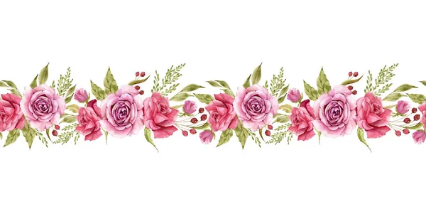 Seamless Border Watercolor Pink Rose Flowers Isolated White Background Hand — Stock Photo, Image