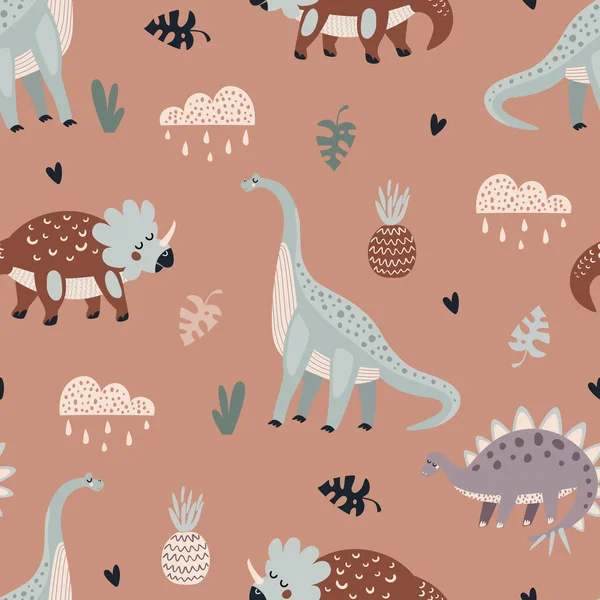 Seamless Vector Pattern Cute Animal Dinosaurs Beige Background Creative Animalic — Stock Vector