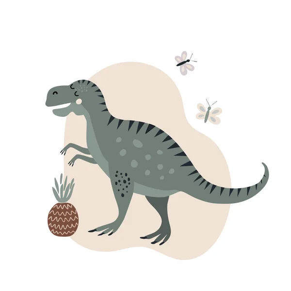 Illustrazione Vettoriale Animale Dinosauro Verde Sfondo Con Ananas Disegno Nello — Vettoriale Stock