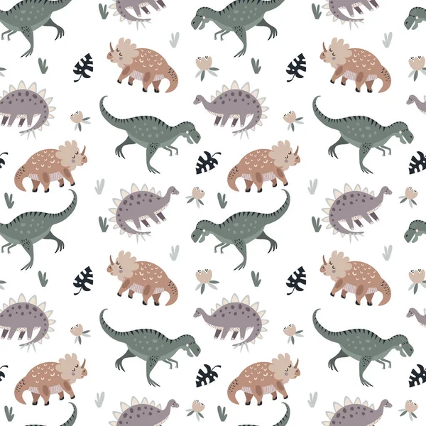 Seamless Vector Pattern Cute Dinosaurs White Background Creative Animal Texture — Stock Vector