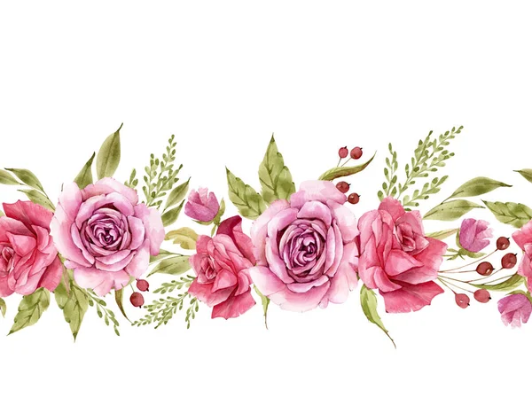 Безшовна Облямівка Акварельними Рожевими Трояндами Ізольовані Білому Тлі Розмальовані Руки — стокове фото