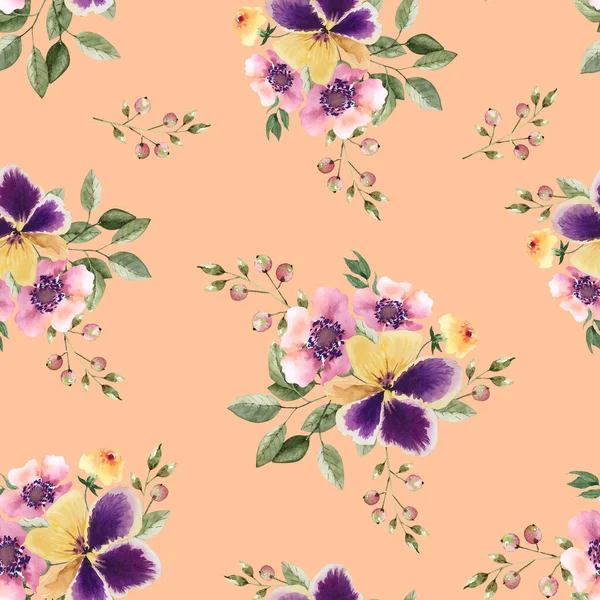seamless floral pattern with purple flowers and bouquets on peach background, watercolor illustration hand painted