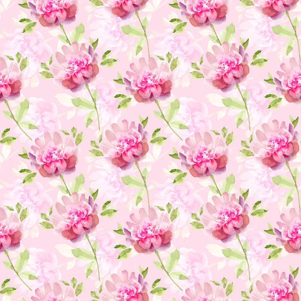 Seamless Pattern Delicate Flowers Pink Background Watercolor Illustration Hand Painted — Stock Photo, Image