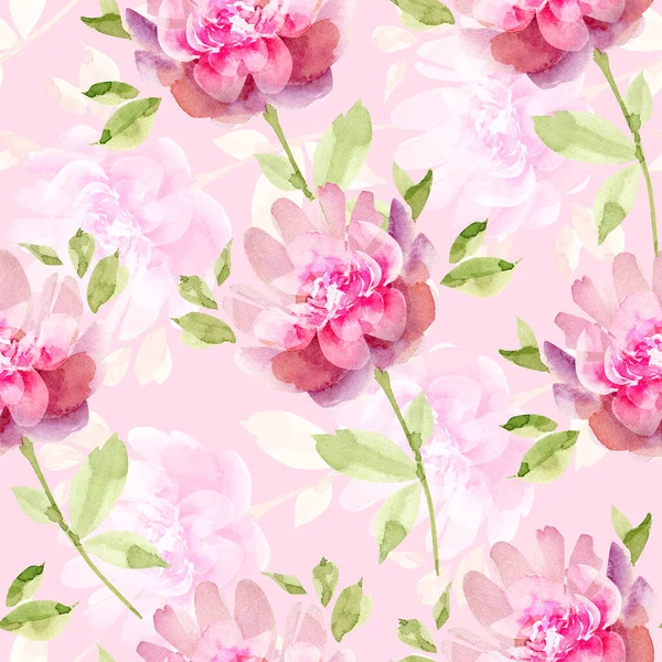 Sömlös Mönster Med Delikata Blommor Rosa Bakgrund Akvarell Illustration Handmålade — Stockfoto
