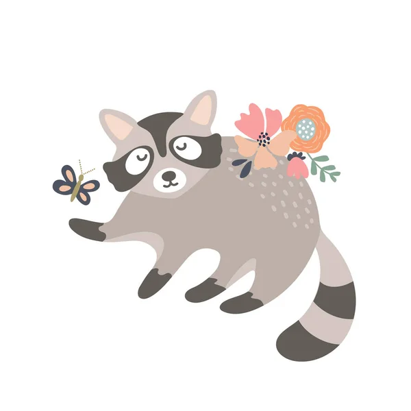 用一束花说明动物可爱的浣熊 儿童设计图纸 假日请柬和卡片 — 图库矢量图片