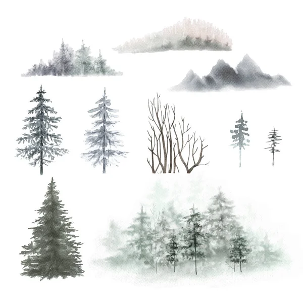 水彩画のイラストのセット自然林 山や風景 シベリア カナダ フィンランド 森林景観 手描き — ストック写真