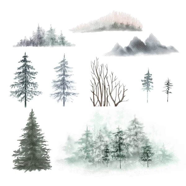 set of watercolor illustrations nature forest, mountains and landscape. Siberia, Canada, Finland. Forest landscape, hand-painted