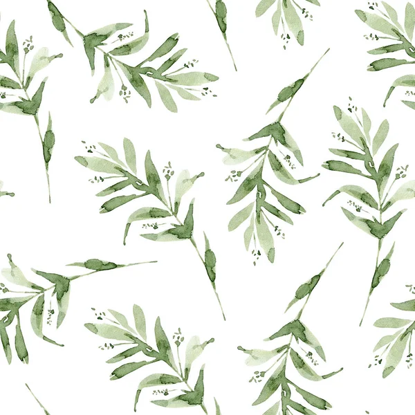 无缝隙的植物背景 绿枝和叶子 白色背景上的水彩画手绘插图 — 图库照片