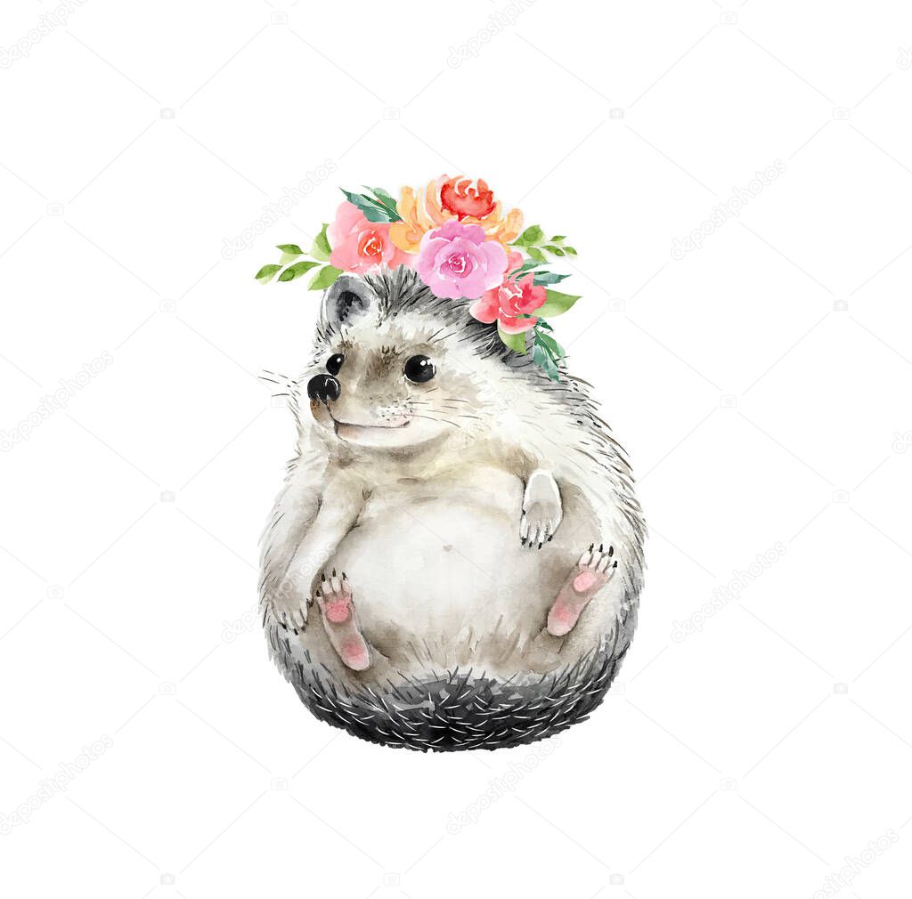 hedgehog is a cute animal with a wreath of flowers on his head. isolated watercolor illustration, hand painted