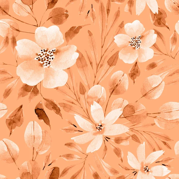 シームレスなモノクロ水彩花柄オレンジの背景に手描き — ストック写真