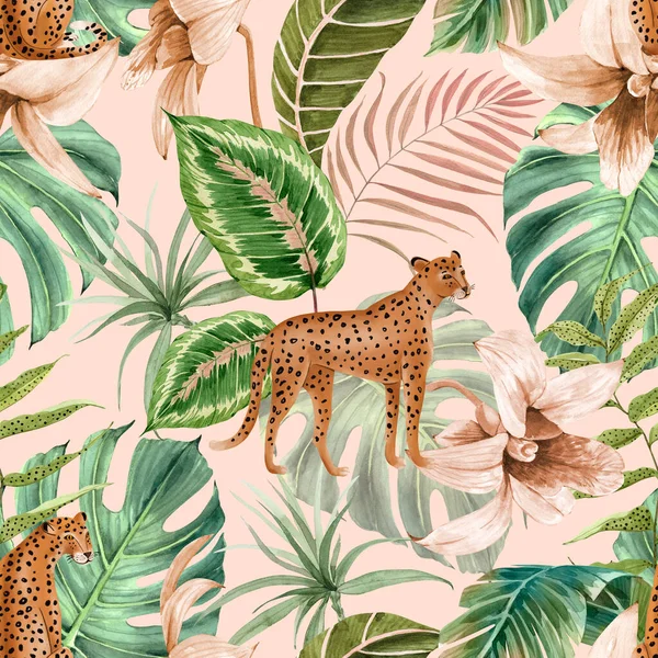 Бесшовный Узор Акварелью Иллюстрации Животных Леопардов Тропических Растений Цветов Ручной — стоковое фото