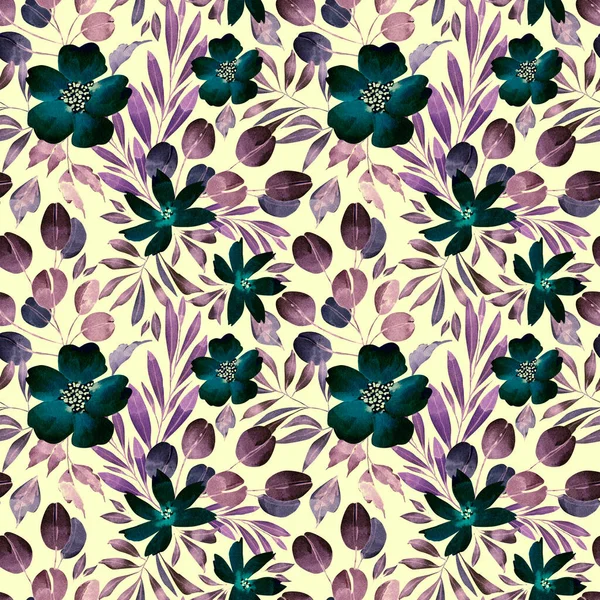 Padrão Sem Costura Com Flores Azuis Folhas Roxas Ilustração Aquarela — Fotografia de Stock