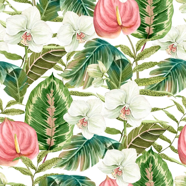 Bezszwowy Wzór Zielonymi Tropikalnymi Liśćmi Palmy Kwiatami Białym Tle Ilustracja — Zdjęcie stockowe