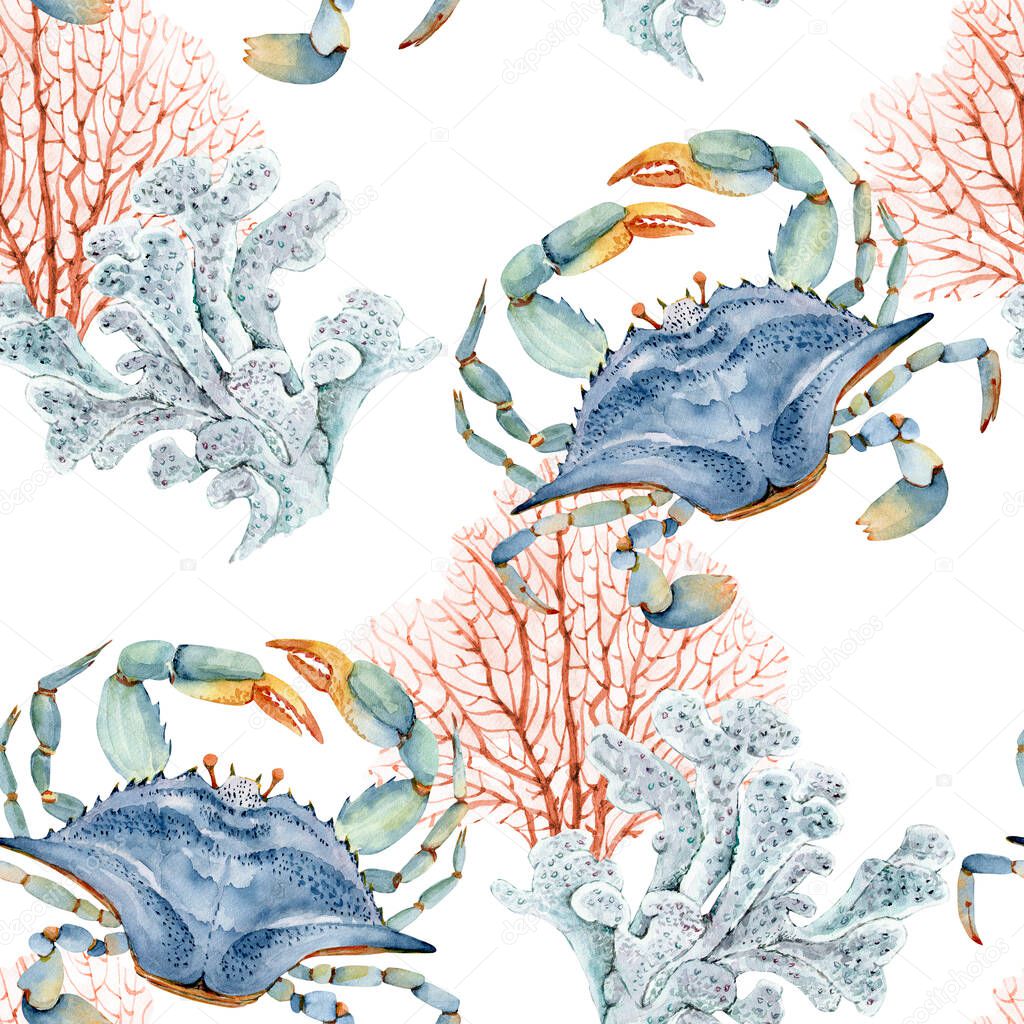 pattern with sea blue crabs and corals, watercolor illustration hand painted in nautical style