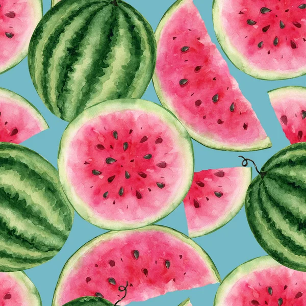 Nahtloses Muster Mit Scheiben Reifer Saftiger Wassermelone Aquarell Illustration Auf — Stockfoto