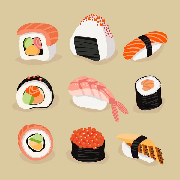 Coleção Vetorial Sushi Bar Rolos Sushi Nigiri Restaurante Japonês Comida — Vetor de Stock