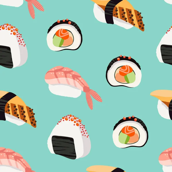 Padrão Sem Costura Sushi Bar Rolos Sushi Nigiri Restaurante Japonês — Vetor de Stock