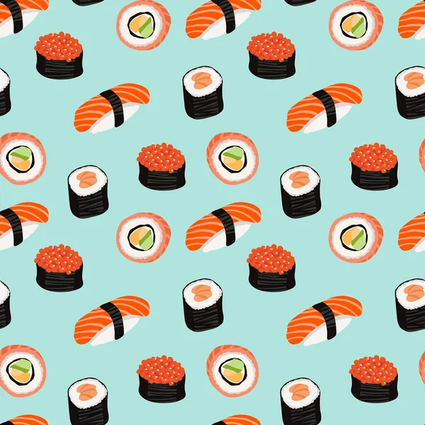 Padrão Sem Costura Comida Tradicional Japonesa Rolos Sushi Nigiri Estilo — Vetor de Stock