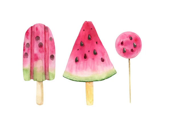 Watermelon Fruit Sweets Set Watercolor Illustration Hand Painted — Stock Photo, Image