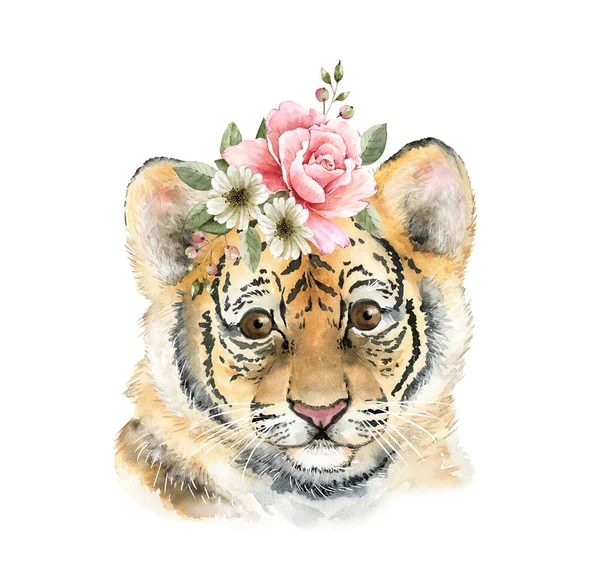 若い動物の水彩画は 新年の象徴である花のリースを持つトラです 手描き — ストック写真