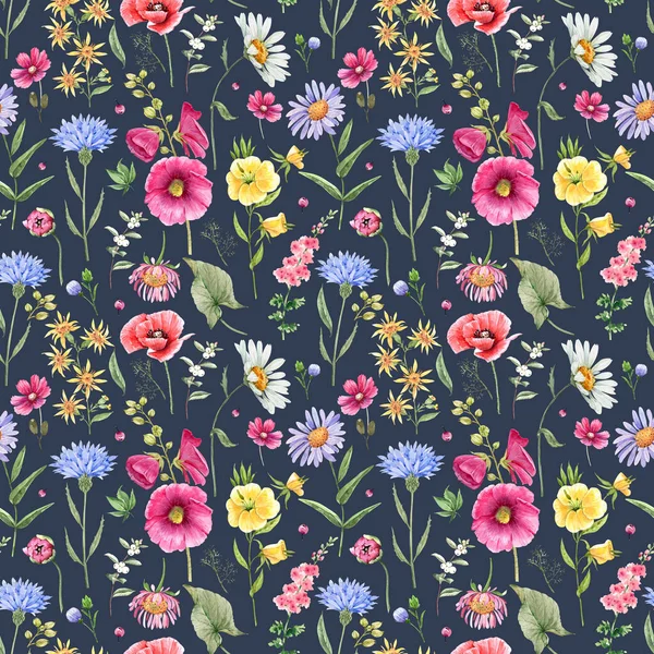 Modello Con Fiori Giardino Colorati Illustrazione Acquerello Sfondo Blu — Foto Stock