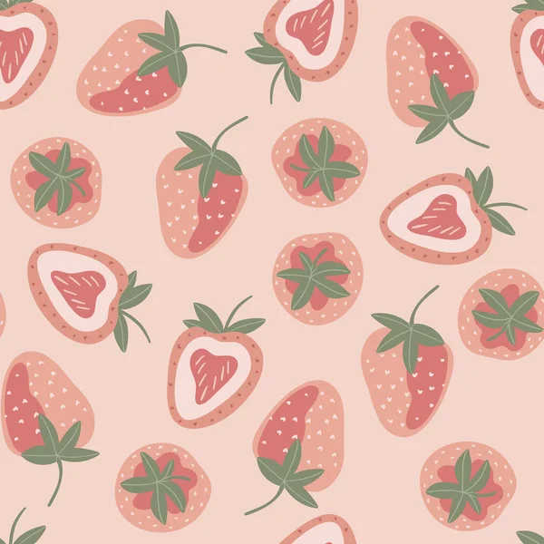 Seamless Pattern Strawberries Pink Background Doodle Style Vector Illustration — Stock Vector