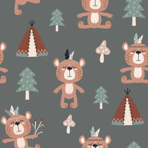 Nahtloses Muster Mit Vektorillustrationen Von Niedlichen Tierbären Hintergrund Für Babydesign — Stockvektor