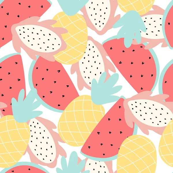 Nahtloses Muster Mit Fruchtscheiben Aus Wassermelone Ananas Und Drachenfrucht Doodle — Stockvektor