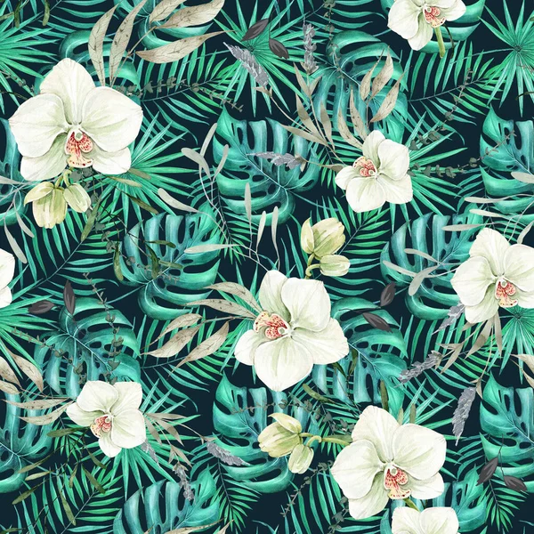 Bezszwowy Wzór Tropikalnych Liści Palmowych Kwiatów Storczyka Ciemnym Tle Ilustracja — Zdjęcie stockowe