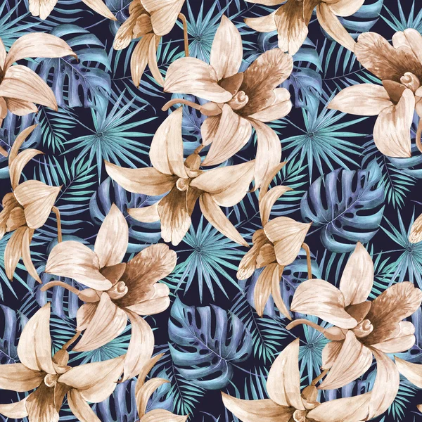 Seamless Pattern Tropical Palm Leaves Orchid Flowers Dark Background Botanical — Stock Photo, Image