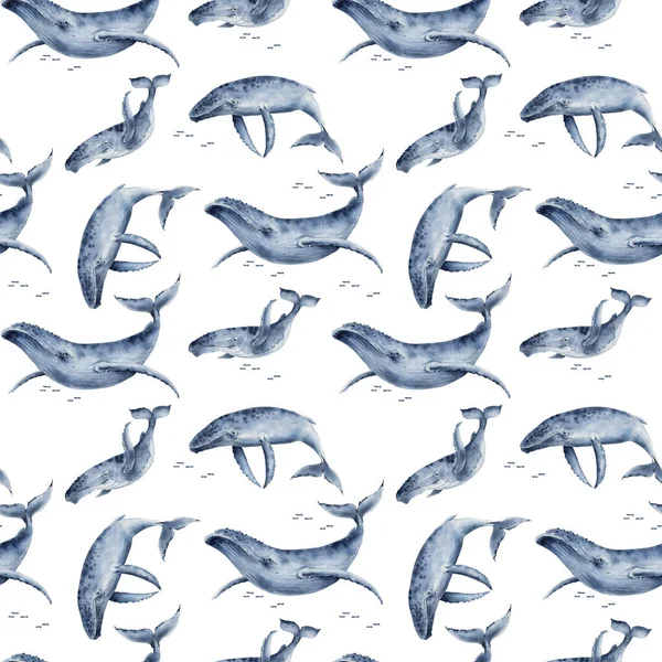 Seamless Pattern Watercolor Illustrations Big Blue Whales Hand Painted White — Stock Photo, Image