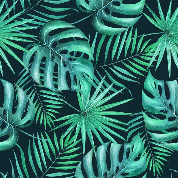 Bezszwowy Wzór Tropikalnych Liści Palmy Ciemnym Tle Ilustracja Botaniczna Akwarela — Zdjęcie stockowe