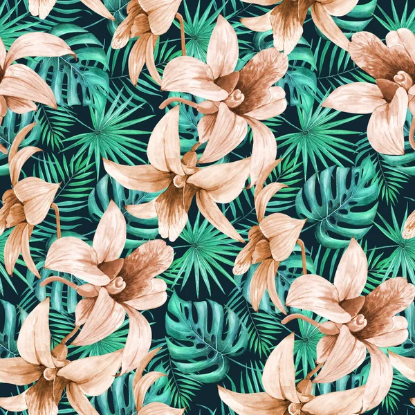 Seamless Pattern Tropical Palm Leaves Orchid Flowers Dark Background Botanical — Stock Photo, Image