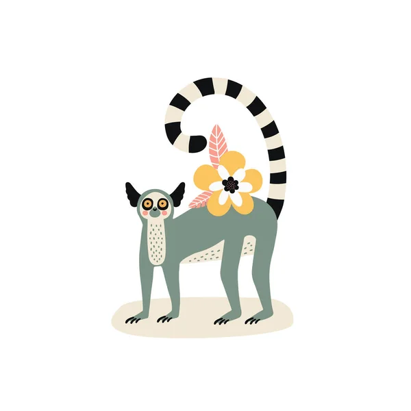 Vektor Illustration Handgezeichnet Cartoon Charakter Tier Lemur Mit Blume Abstrakte — Stockvektor