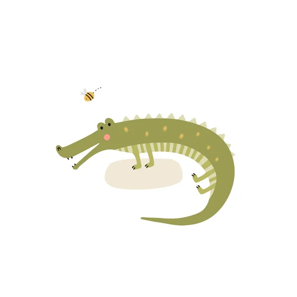 Vektorová Ilustrace Ručně Kreslený Kreslený Postava Zvíře Zelený Krokodýl Abstraktní — Stockový vektor