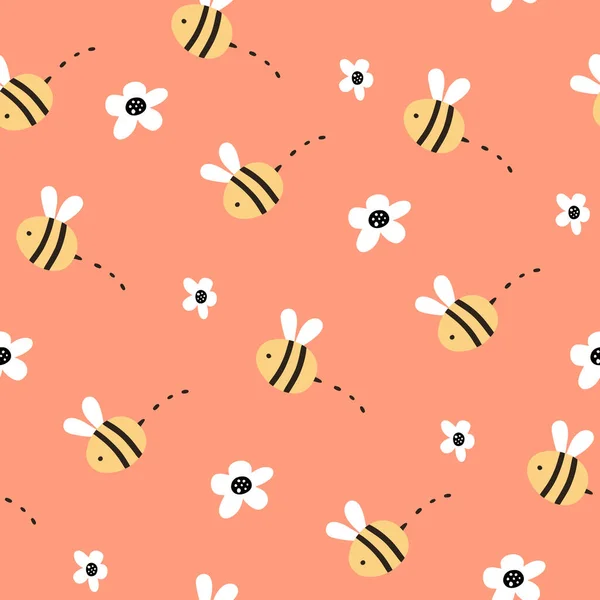 Nahtloses Muster Mit Vektorillustrationen Von Bienen Mit Blumen Cartoon Stil — Stockvektor