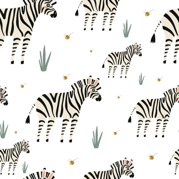 Nahtloses Muster Mit Vektorillustrationen Gestreifter Zebras Animatischer Hintergrund Für Kinderdesign — Stockvektor