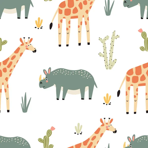 Seamless Pattern Vector Illustrations African Animals Giraffe Rhinoceros Animalistic Background — Stock Vector