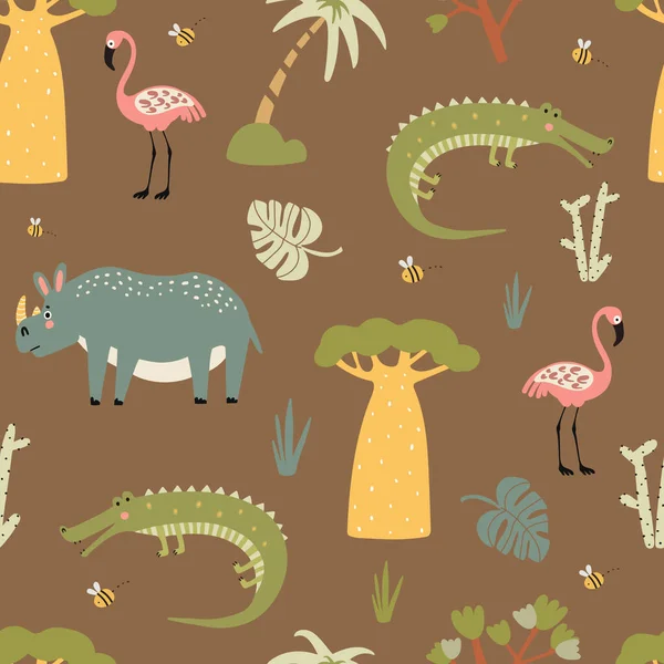 Motif Sans Couture Avec Des Illustrations Vectorielles Animaux Plantes Africains — Image vectorielle