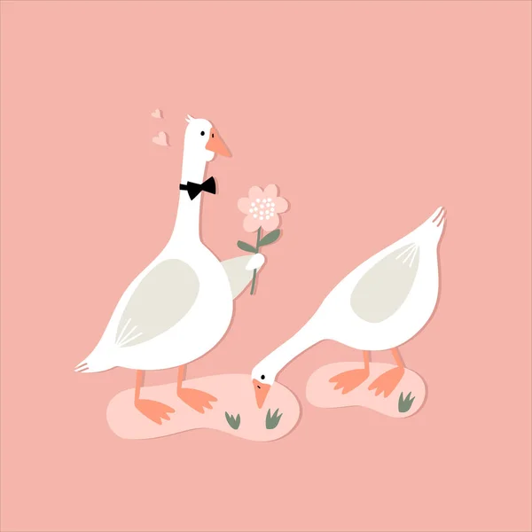 Illustration Vectorielle Oies Oiseau Mignonnes Carte Saint Valentin Dans Style — Image vectorielle