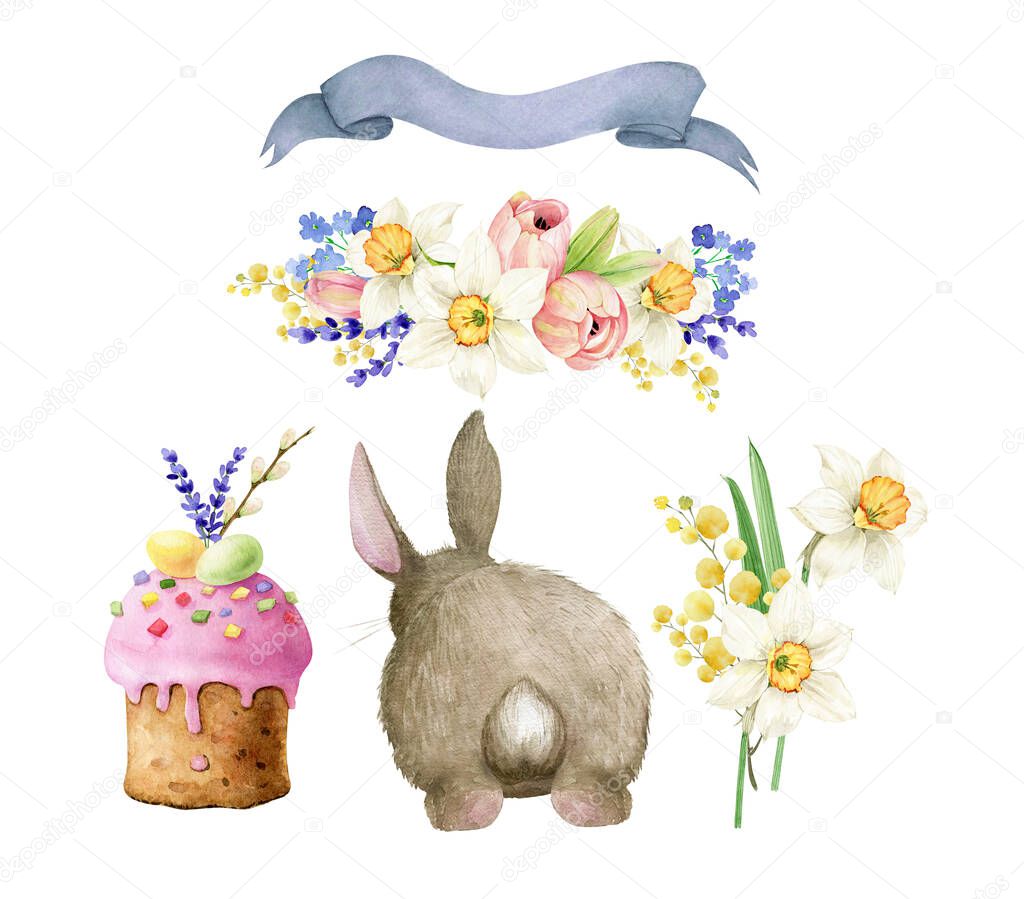 set of watercolor illustrations for Easter holiday with rabbit, spring flowers and Easter cake, hand painted on white background
