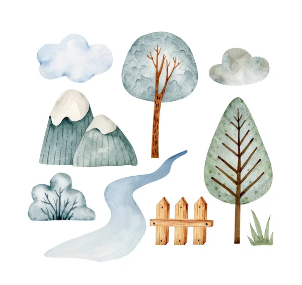 关于自然 树木和风景的一组水彩画 这是给孩子们的房间设计和明信片的图解 是手绘的 — 图库照片