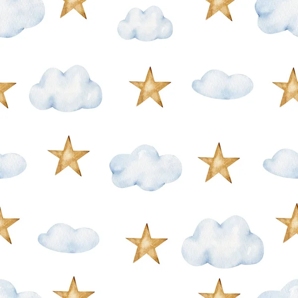 Αδιάλειπτη Μοτίβο Υδατογραφία Μπλε Σύννεφα Και Χρυσά Αστέρια Λευκό Φόντο — Φωτογραφία Αρχείου