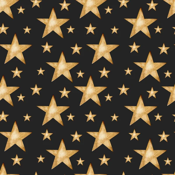 Seamless Pattern Watercolor Gold Stars Black Background Hand Painted — Stock Photo, Image