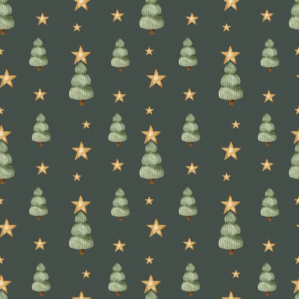 Bezešvé Vzor Zelenými Vánočními Stromky Zlatými Hvězdami Tmavém Pozadí Akvarel — Stock fotografie