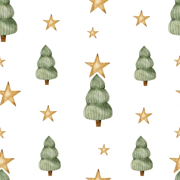 Bezešvé Vzor Zelenými Stromy Zlatými Hvězdami Bílém Pozadí Akvarel Pozadí — Stock fotografie