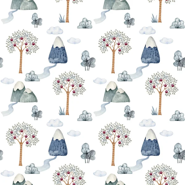 Naadloos Patroon Met Natuur Bomen Bergen Aquarel Illustratie Voor Kinderkamer — Stockfoto