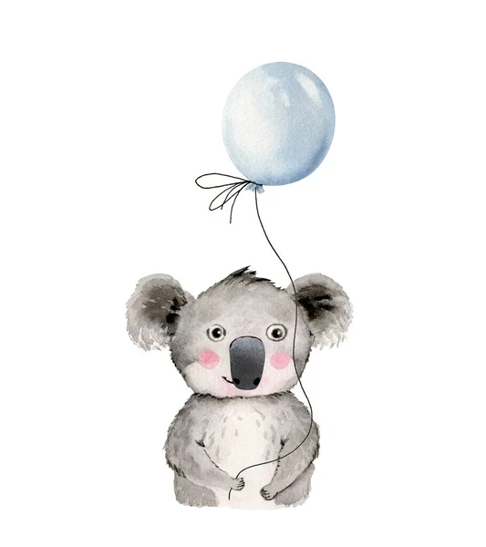 Akvarell Illusztráció Aranyos Koala Egy Lufi Rajz Rajzfilm Stílus Gyerekeknek — Stock Fotó