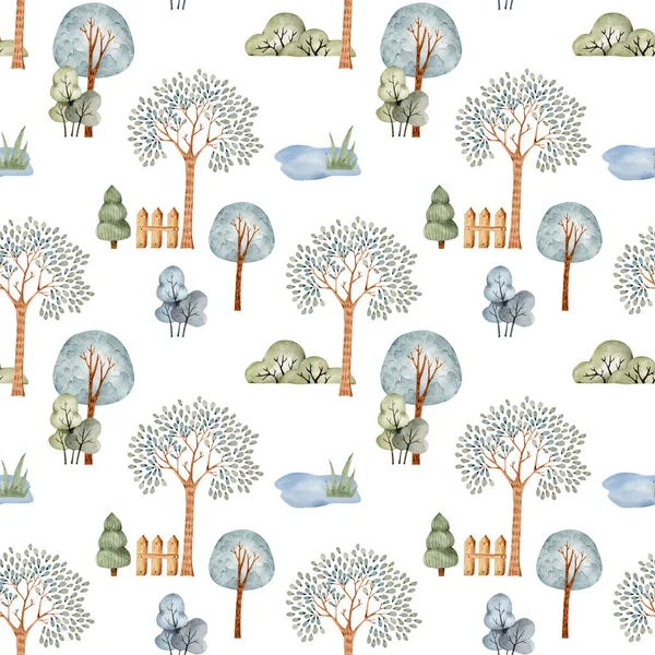 Naadloos Patroon Met Natuur Bomen Tuin Aquarel Illustratie Voor Kinderkamer — Stockfoto