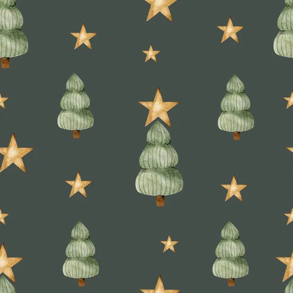 Seamless Pattern Green Christmas Trees Gold Stars Dark Background Watercolor — Stock Photo, Image